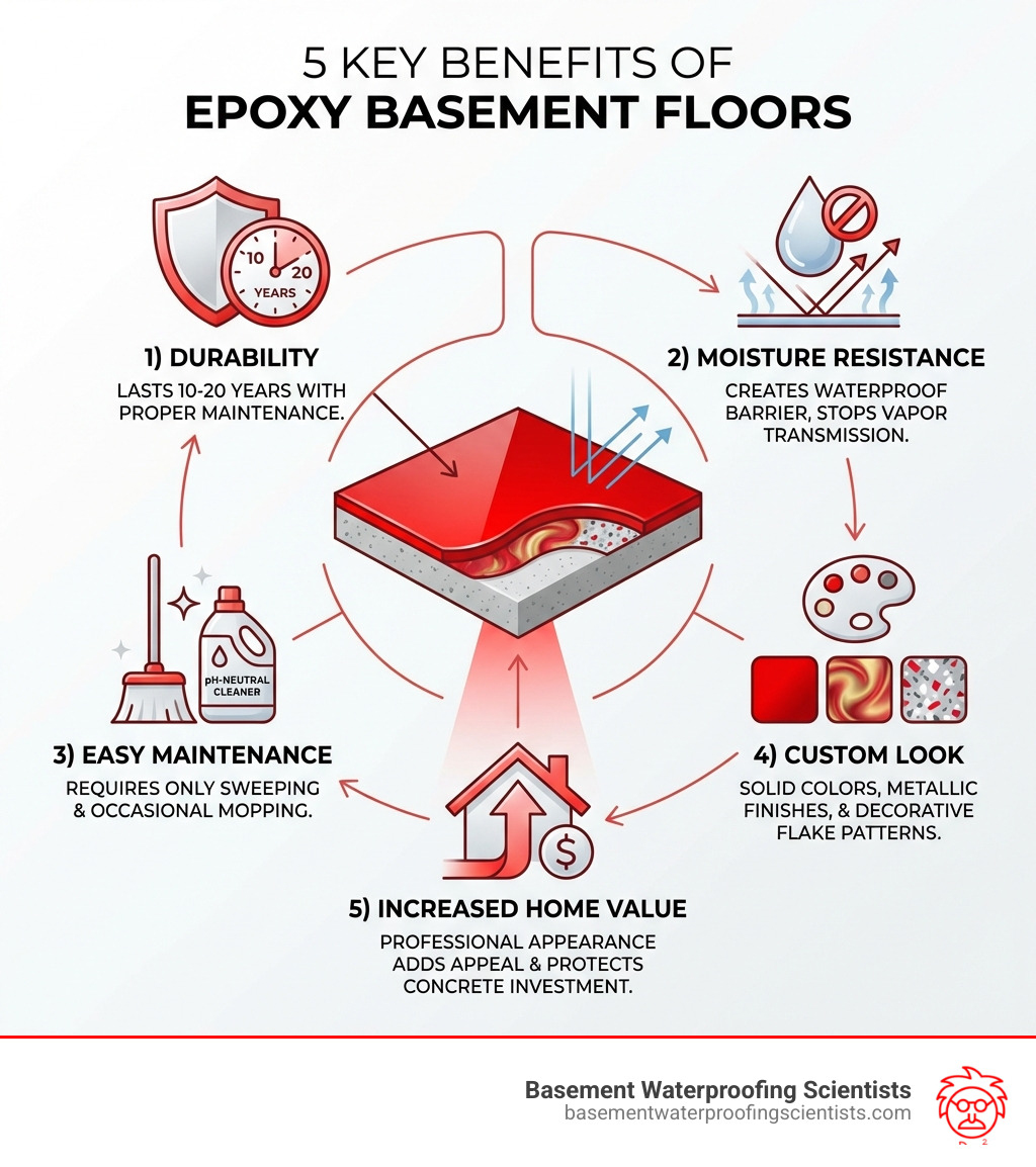 Infographic showing the 5 key benefits of epoxy basement floors: 1) Durability - lasts 10-20 years with proper maintenance, 2) Moisture Resistance - creates waterproof barrier that stops vapor transmission, 3) Easy Maintenance - requires only sweeping and occasional mopping with pH-neutral cleaner, 4) Custom Look - available in solid colors, metallic finishes, and decorative flake patterns, 5) Increased Home Value - professional appearance adds appeal and protects concrete investment - how to epoxy paint a basement floor infographic 
