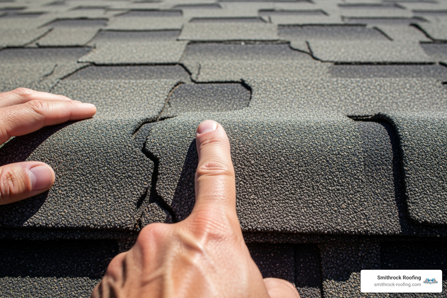 a hand pointing to curling and cracked asphalt shingles on a roof - roof replacement near me