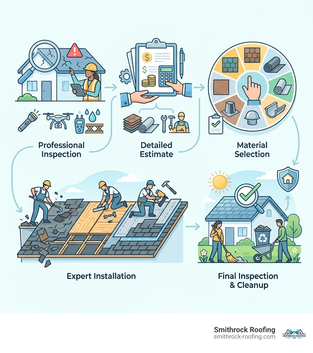 Infographic showing the 5 key steps to successful roof replacement: 1. Professional Inspection - identifying all damage and underlying issues, 2. Detailed Estimate - transparent pricing for materials and labor, 3. Material Selection - choosing shingles, underlayment, and accessories, 4. Expert Installation - proper tear-off, deck repair, and layered system installation, 5. Final Inspection & Cleanup - quality check and complete site restoration - roof replacement near me infographic 