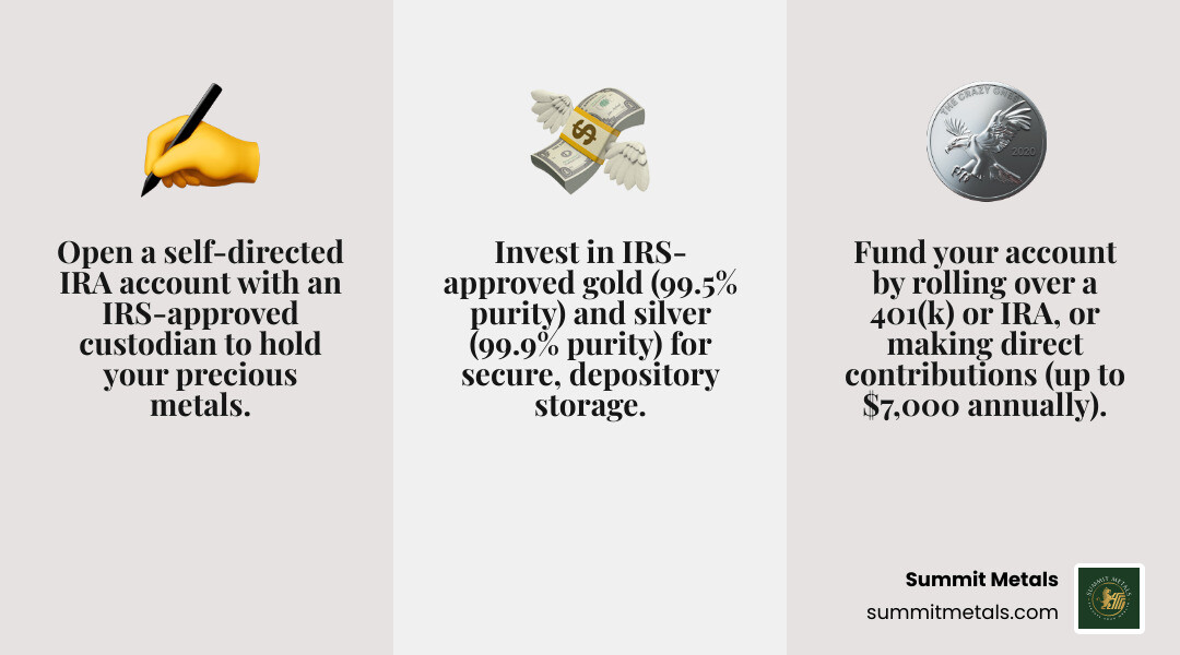 Infographic showing the 3-step process to start a Gold & Silver IRA with Summit Metals: Step 1 - Open a self-directed IRA account with an IRS-approved custodian; Step 2 - Fund your account through rollover from 401(k) or existing IRA, or make a direct contribution up to $7,000 annually ($8,000 if age 50+); Step 3 - Invest in IRS-approved gold (99.5% purity) and silver (99.9% purity) coins or bars, stored in a secure IRS-approved depository. - IRA gold and silver infographic 3_facts_emoji_grey