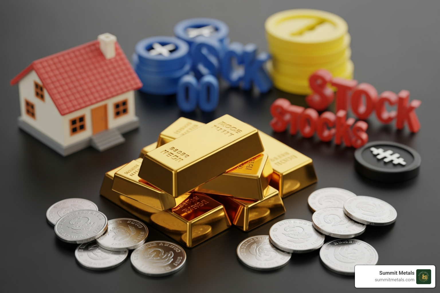 A pie chart illustrating a diversified investment portfolio, with a segment highlighted for 'Precious Metals' representing 10% of the total assets, alongside stocks, bonds, and real estate. - IRA gold and silver