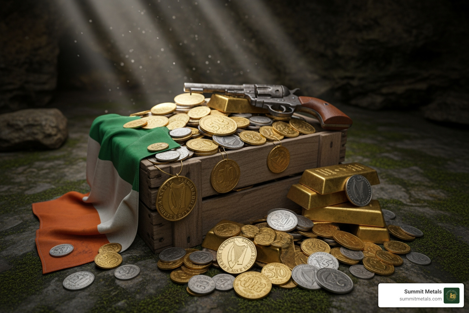 A collection of various IRA-approved precious metal coins, including American Gold Eagles, Canadian Gold Maple Leafs, American Silver Eagles, and Canadian Silver Maple Leafs, neatly arranged. - IRA gold and silver