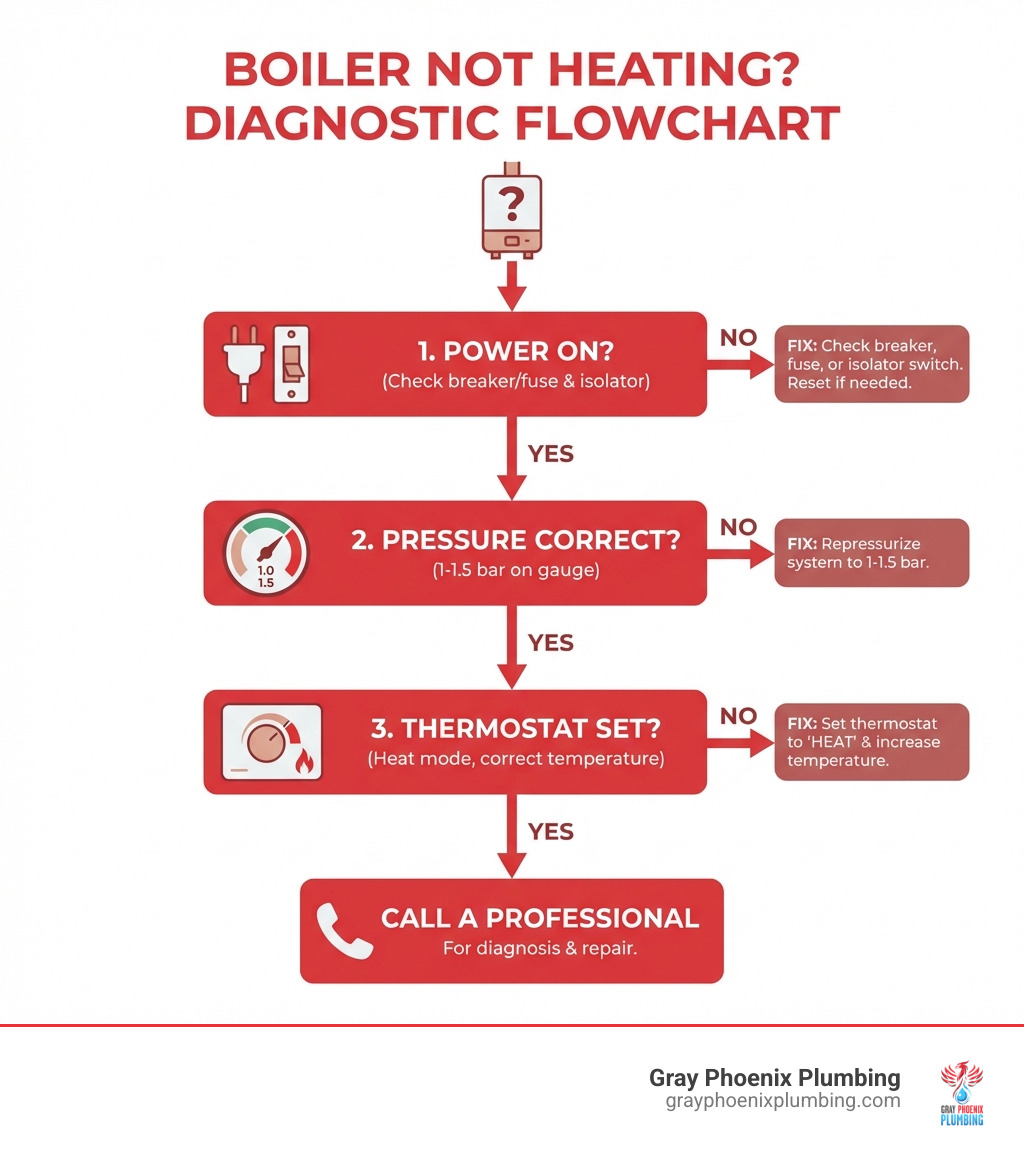 Infographic showing a decision tree flowchart for diagnosing boiler not heating issues: First check - Is power on? (check breaker/fuse). Second check - Is pressure correct? (1-1.5 bar on gauge). Third check - Is thermostat set properly? (heat mode, correct temperature). If all checks pass, call a professional. Each step includes simple yes/no branches leading to either a quick fix or the next diagnostic step. - Boiler not heating infographic Infographic showing a decision tree flowchart for diagnosing boiler not heating issues: First check - Is power on? (check breaker/fuse). Second check - Is pressure correct? (1-1.5 bar on gauge). Third check - Is thermostat set properly? (heat mode, correct temperature). If all checks pass, call a professional. Each step includes simple yes/no branches leading to either a quick fix or the next diagnostic step. - Boiler not heating infographic
