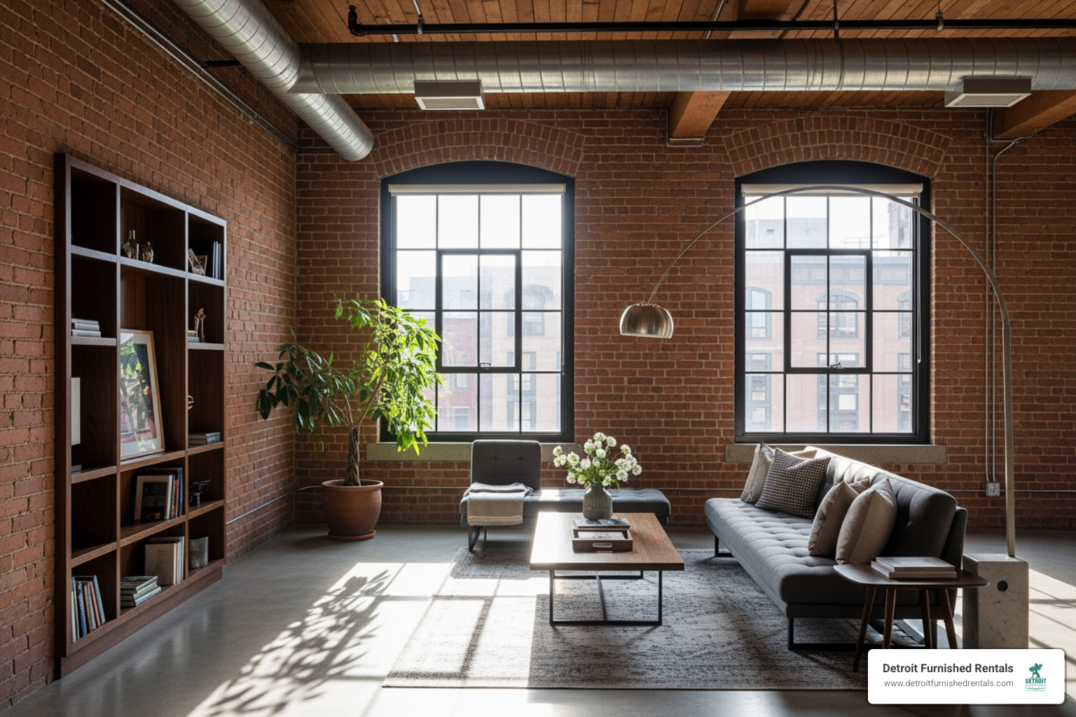 Exposed brick and timber beams in a loft interior - Riverfront Lofts Detroit Exposed brick and timber beams in a loft interior - Riverfront Lofts Detroit
