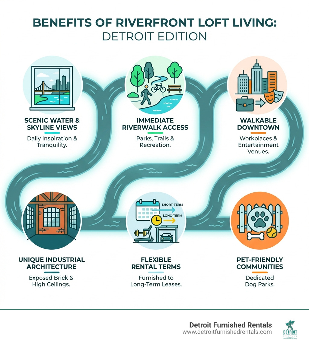 Infographic showing benefits of riverfront loft living: scenic water and skyline views for daily inspiration, immediate access to Riverwalk parks and trails for recreation, walking distance to downtown workplaces and entertainment venues, unique industrial architecture with exposed brick and high ceilings, modern amenities including fitness centers and secure parking, flexible rental terms from short-term furnished to long-term leases, pet-friendly communities with dedicated dog parks - Riverfront Lofts Detroit infographic Infographic showing benefits of riverfront loft living: scenic water and skyline views for daily inspiration, immediate access to Riverwalk parks and trails for recreation, walking distance to downtown workplaces and entertainment venues, unique industrial architecture with exposed brick and high ceilings, modern amenities including fitness centers and secure parking, flexible rental terms from short-term furnished to long-term leases, pet-friendly communities with dedicated dog parks - Riverfront Lofts Detroit infographic