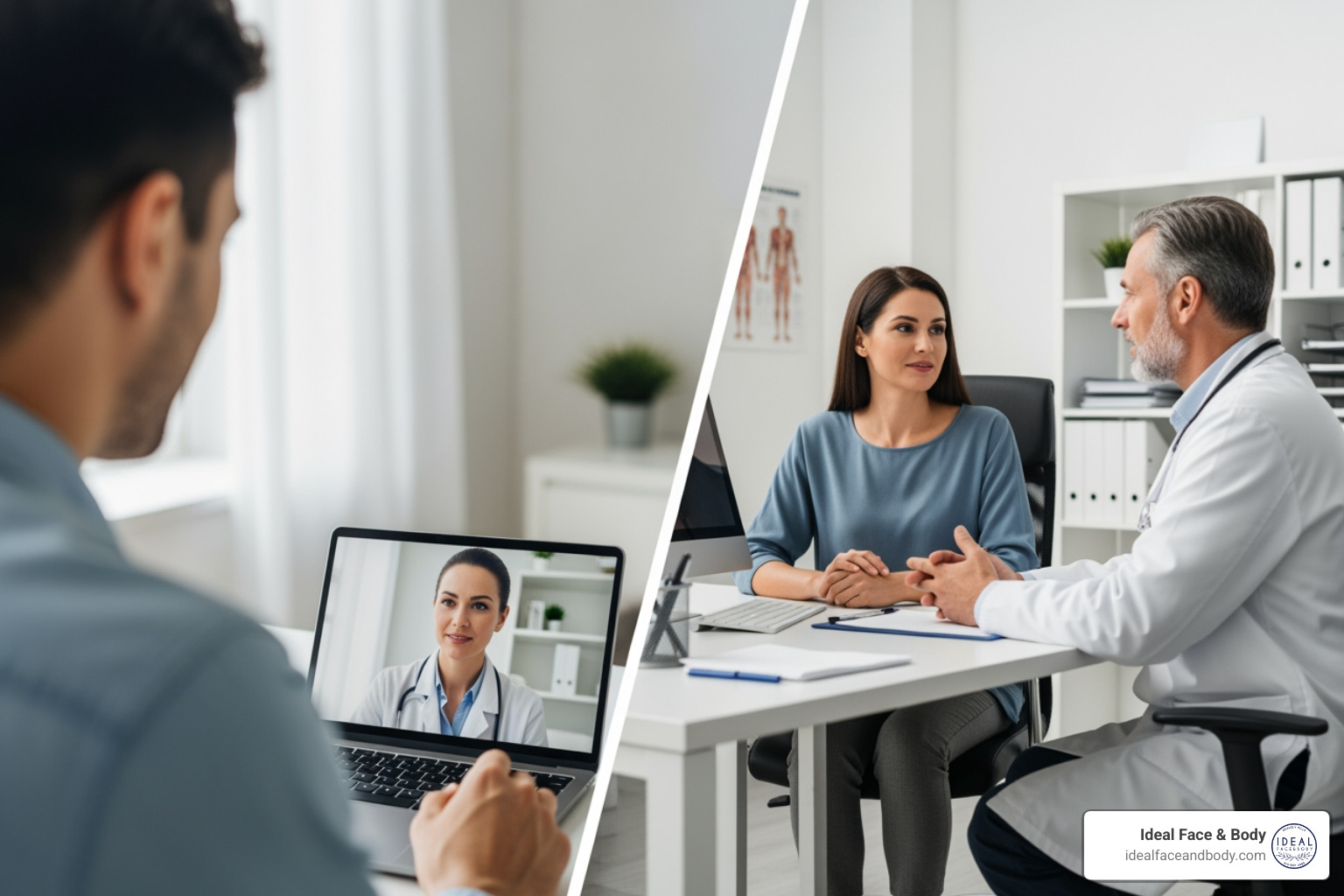 split screen showing a virtual consultation on one side and an in-person consultation on the other - cosmetic surgery virtual consultation beverly hills split screen showing a virtual consultation on one side and an in-person consultation on the other - cosmetic surgery virtual consultation beverly hills