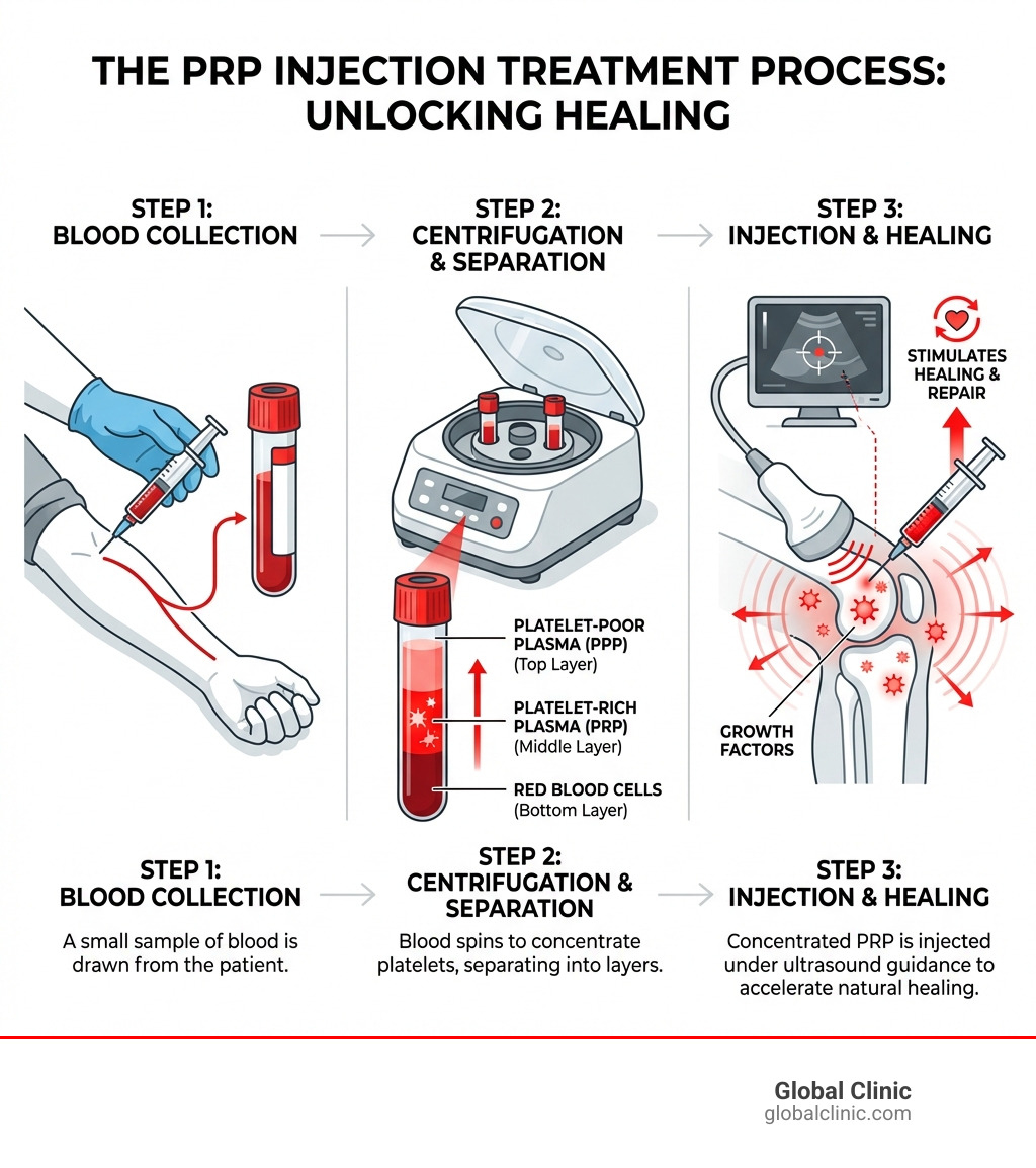Infographic showing the complete PRP injection treatment process: Step 1 shows a medical professional drawing blood from a patient's arm into collection tubes; Step 2 illustrates blood tubes being placed in a centrifuge machine which separates the blood into three layers - red blood cells at bottom, platelet-rich plasma in middle, and platelet-poor plasma on top; Step 3 depicts the concentrated platelet-rich plasma being extracted and injected into the treatment area with ultrasound guidance, with icons showing growth factors being released to stimulate healing - prp injection treatment infographic 