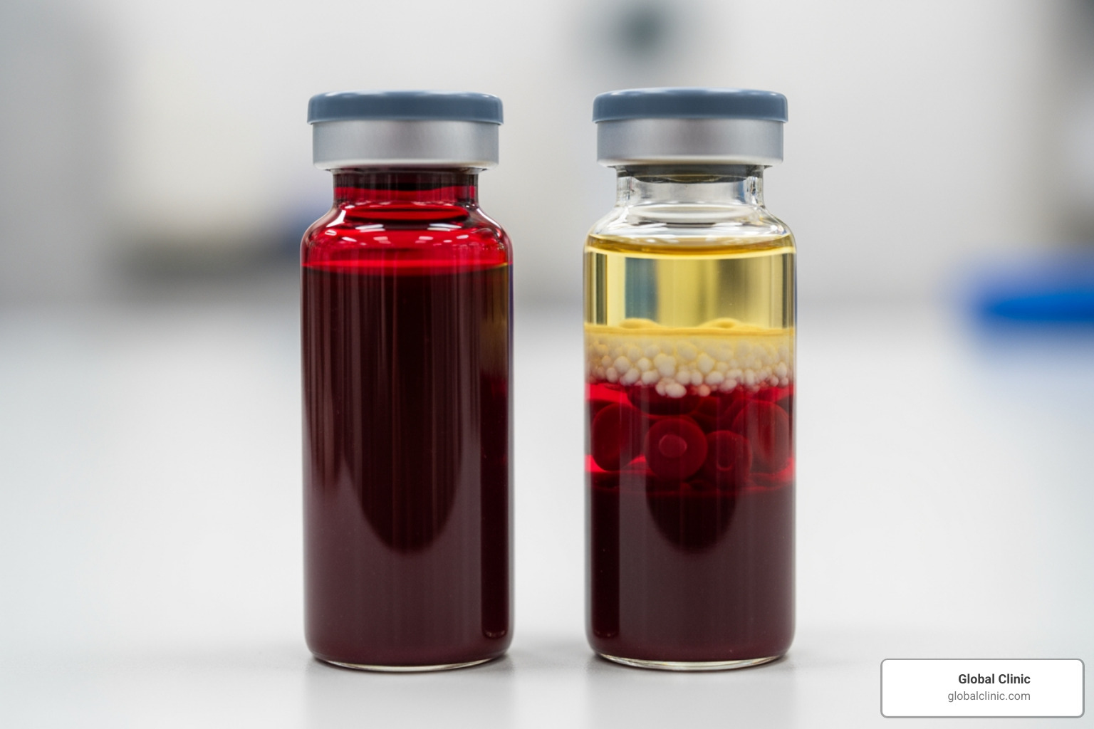 Vials of blood before and after centrifugation showing separated layers - prp injection treatment