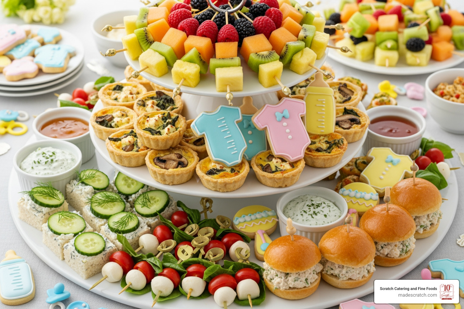 Vibrant spread of finger foods, mini quiches, and fruit skewers on a tiered stand - baby shower catering Vibrant spread of finger foods, mini quiches, and fruit skewers on a tiered stand - baby shower catering