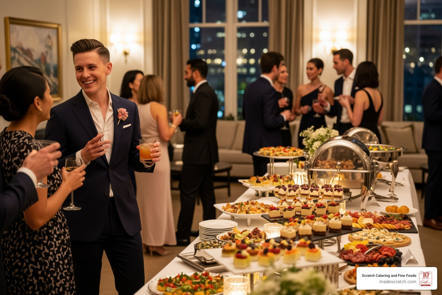 Smiling host mingling with guests at a party, with a beautifully catered buffet in the background - baby shower catering Smiling host mingling with guests at a party, with a beautifully catered buffet in the background - baby shower catering