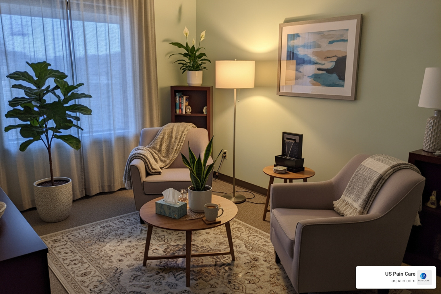 A calm and welcoming therapy room with soft lighting, comfortable seating, and a few plants, suggesting a safe space for open conversation. - supportive solutions behavioral health & wellness