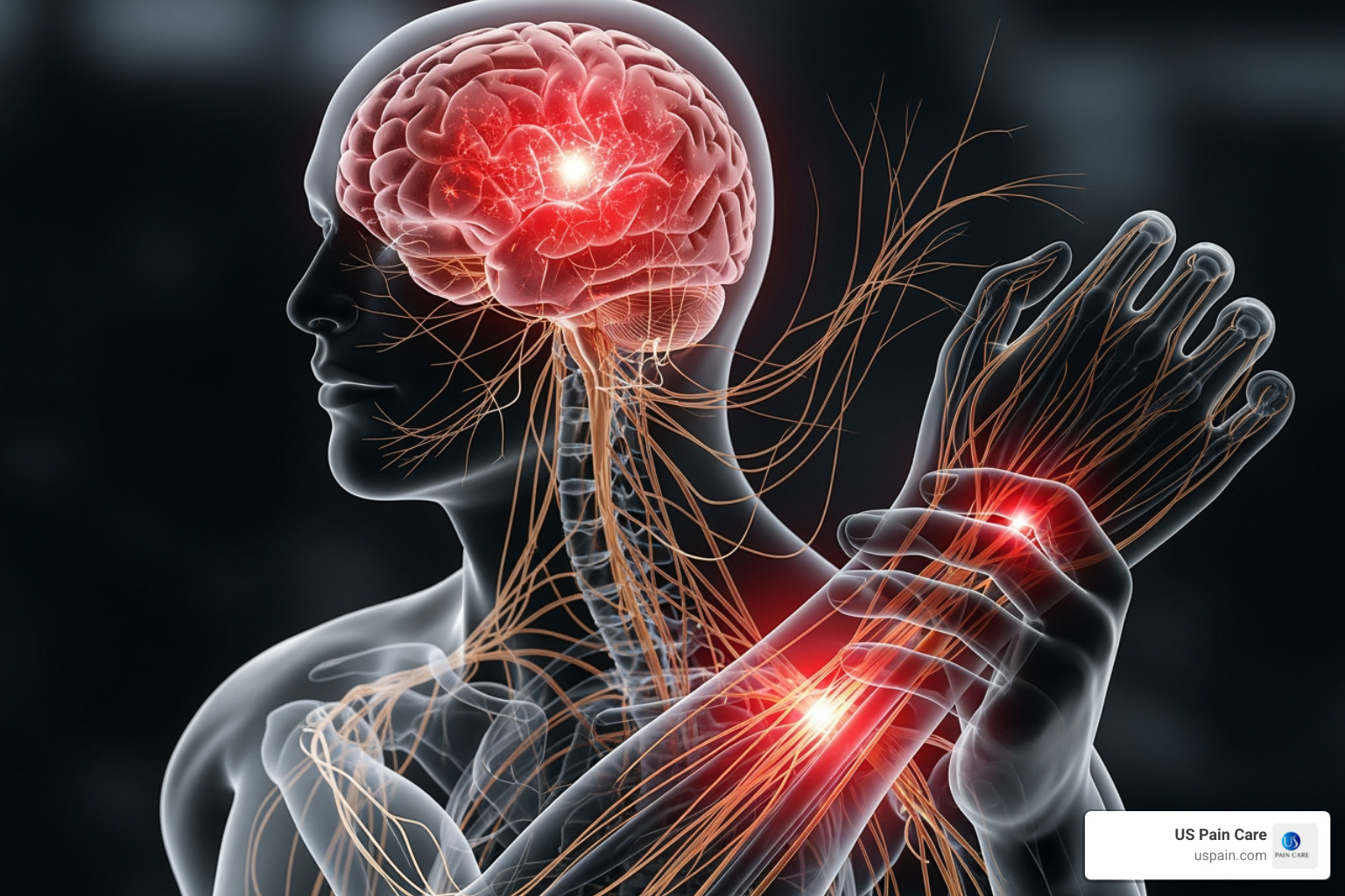 Image illustrating the connection between the brain and body pain signals, showing neural pathways and emotional centers lighting up in response to chronic pain. - supportive solutions behavioral health & wellness