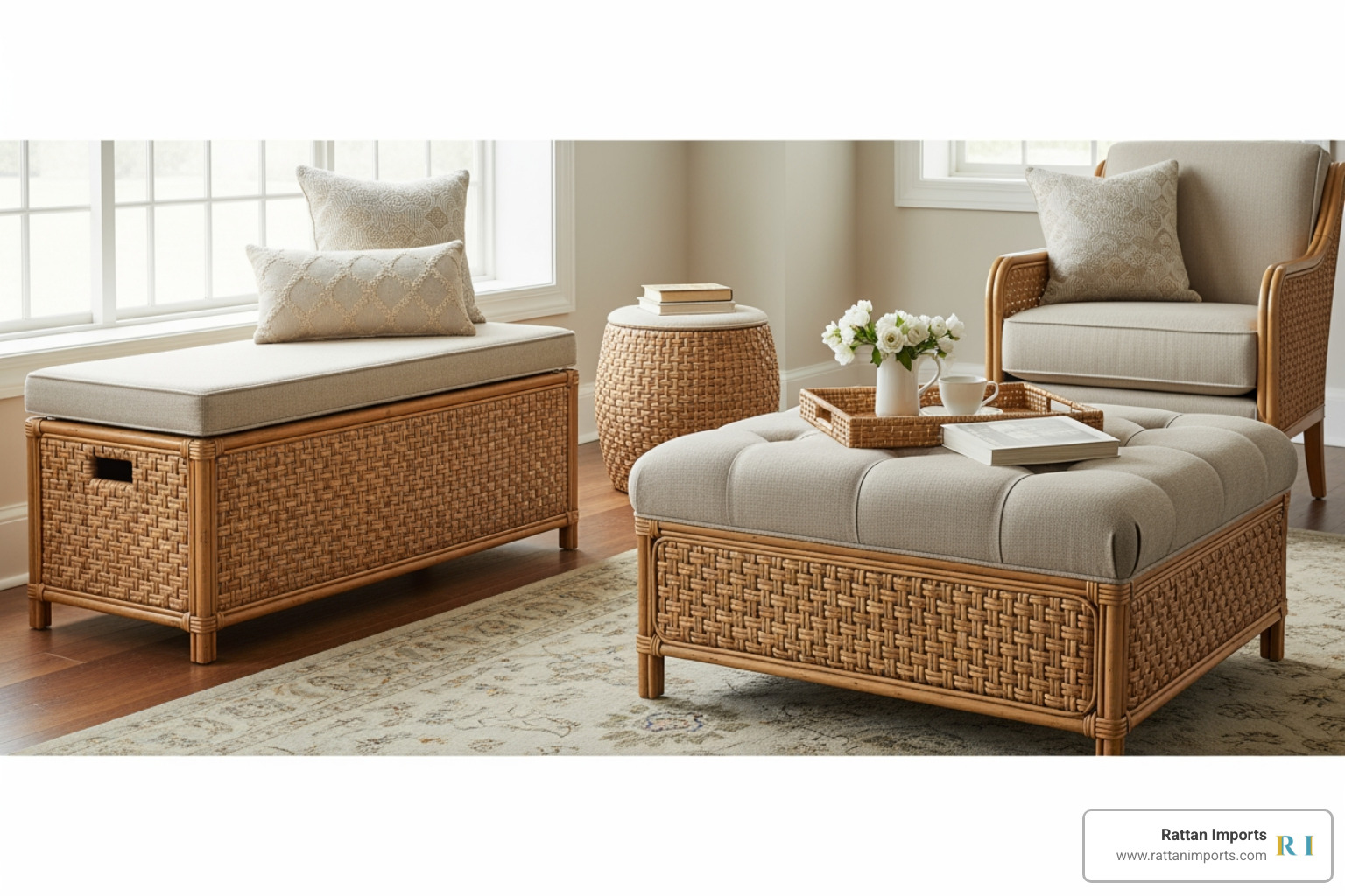 Three different Lloyd Loom ottomans: a rectangular storage bench, a small round footstool, and a large upholstered ottoman used as a coffee table - lloyd loom ottoman for sale Three different Lloyd Loom ottomans: a rectangular storage bench, a small round footstool, and a large upholstered ottoman used as a coffee table - lloyd loom ottoman for sale