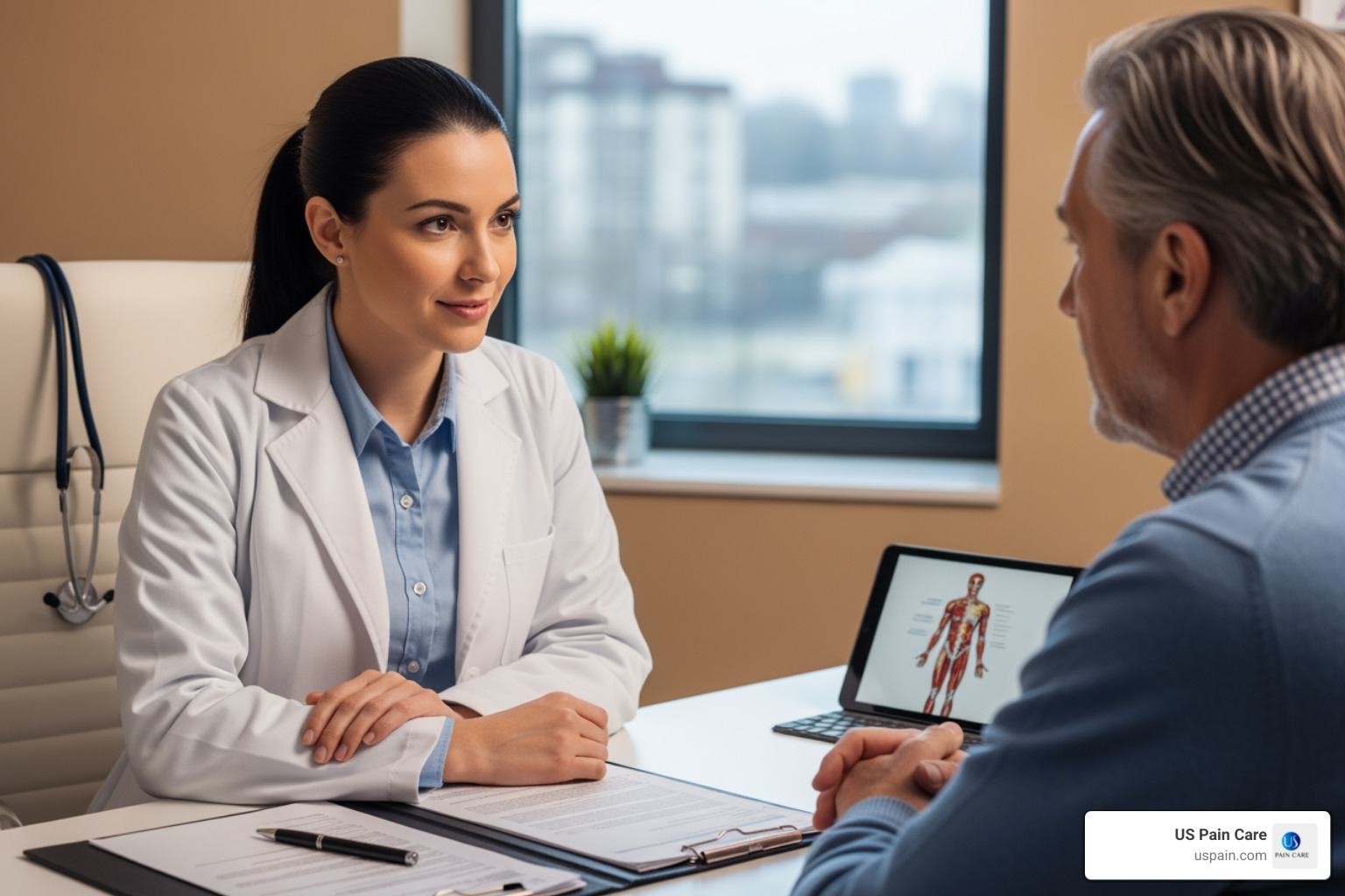doctor and patient discussing a treatment plan - pain management for injuries