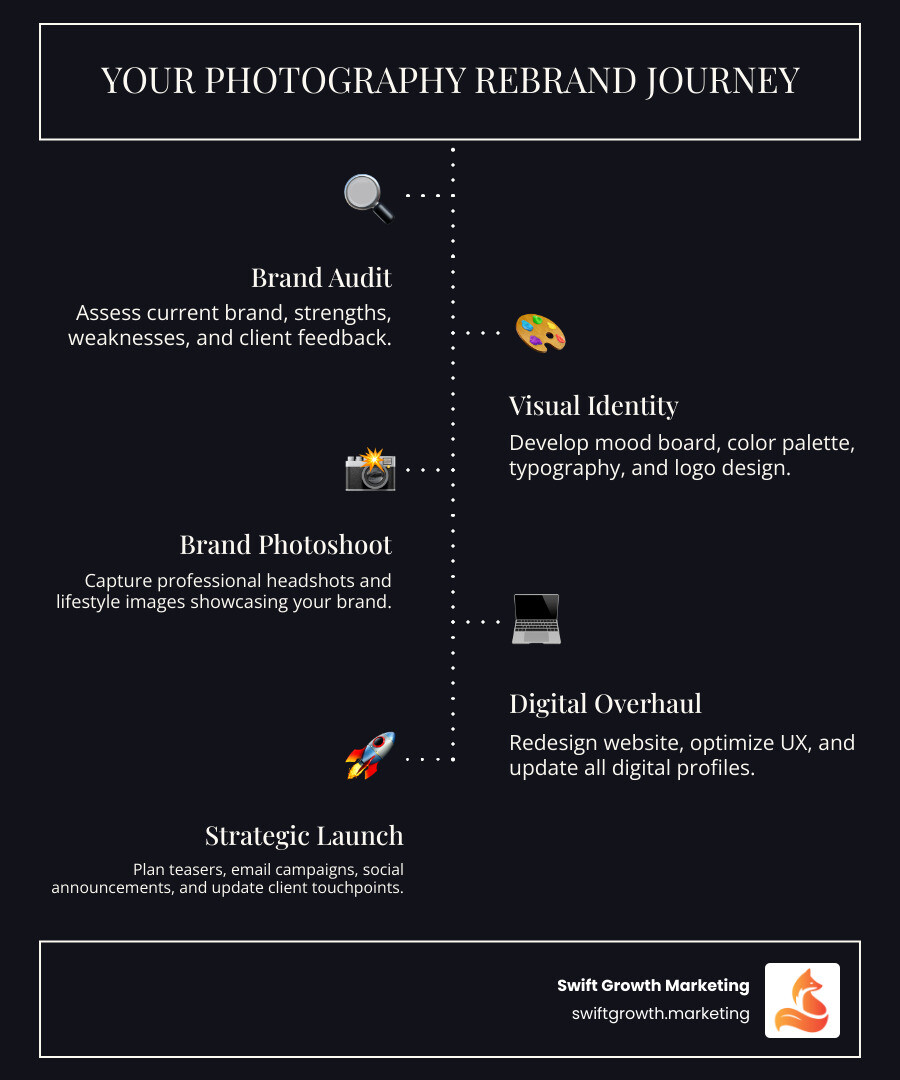 Detailed infographic showing the rebranding process for photographers: 6 steps including brand audit, visual identity creation, professional photoshoot, website overhaul, updating client touchpoints, and strategic launch, with statistics showing 10-20% revenue increase and 15-25% engagement boost from successful rebrands - rebranding photography business infographic infographic-line-5-steps-dark
