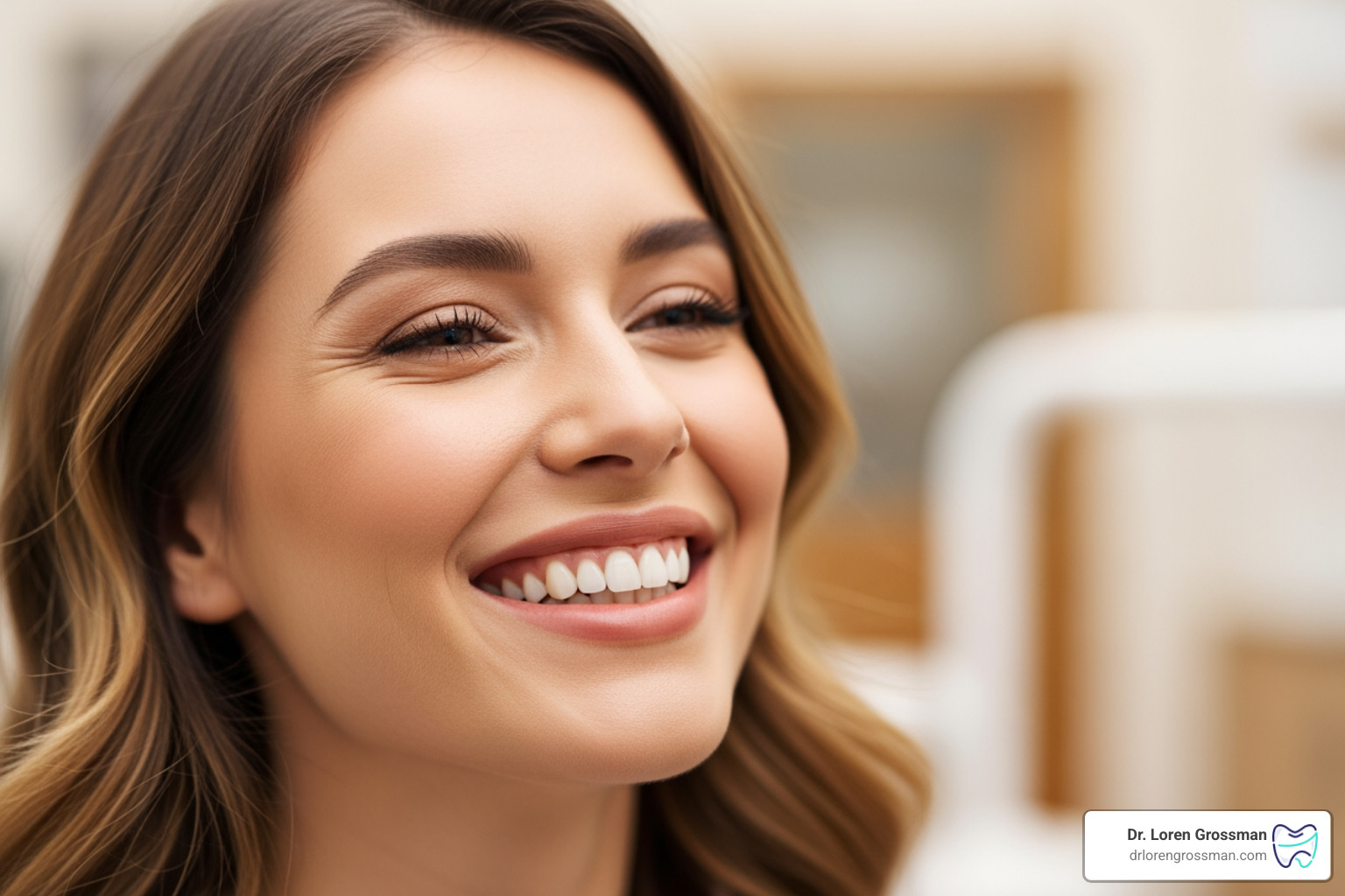 Happy patient after a successful teeth whitening treatment, smiling confidently - safe teeth whitening Happy patient after a successful teeth whitening treatment, smiling confidently - safe teeth whitening
