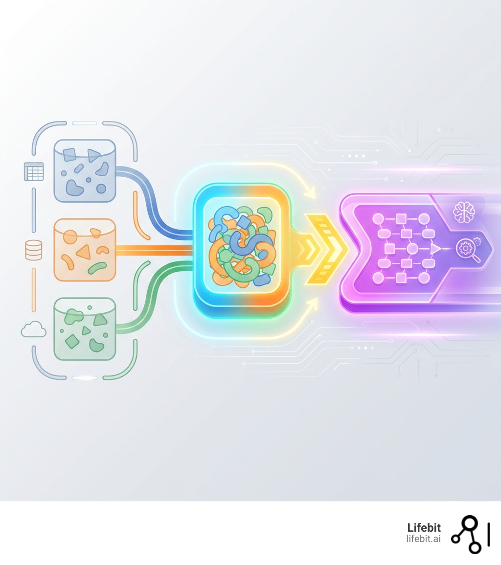Infographic showing the progression from siloed raw data sources through integration (consolidated but inconsistent) to harmonization (unified, standardized, and analysis-ready for AI) - how does data harmonization differ from data integration infographic 