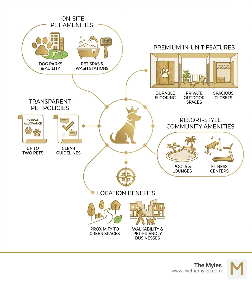 Infographic showing key features of dog-friendly luxury apartments: On-site pet amenities including dog parks and pet spas, premium in-unit features like durable flooring and private outdoor spaces, resort-style community amenities such as pools and fitness centers, transparent pet policies with typical allowance of up to two pets, and location benefits including walkability and proximity to green spaces - dog friendly luxury apartments infographic 