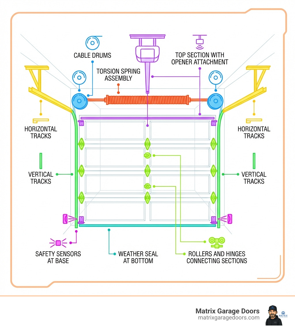 Infographic showing Clopay garage door system components including top section with opener attachment, torsion spring assembly above door, vertical tracks on sides, horizontal tracks, safety sensors at base, rollers and hinges connecting sections, weather seal at bottom, and cable drums at top corners - Clopay garage door repair infographic Infographic showing Clopay garage door system components including top section with opener attachment, torsion spring assembly above door, vertical tracks on sides, horizontal tracks, safety sensors at base, rollers and hinges connecting sections, weather seal at bottom, and cable drums at top corners - Clopay garage door repair infographic