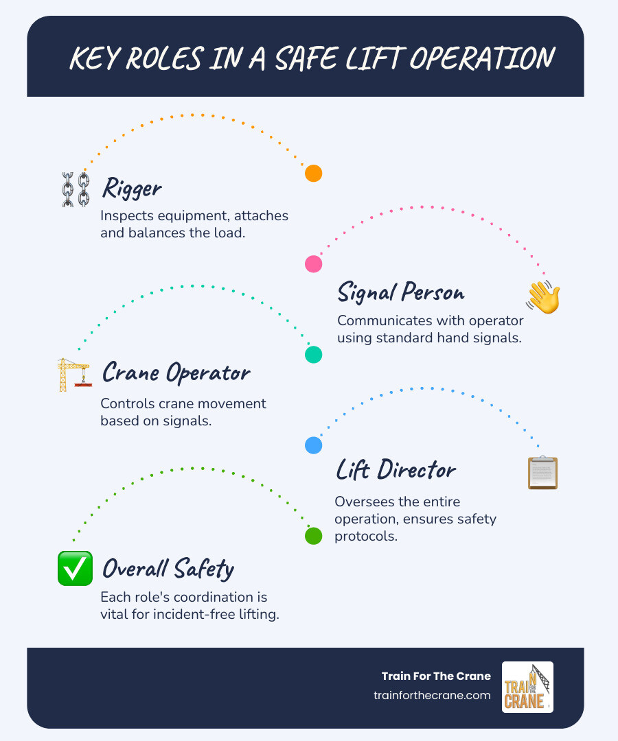 Infographic showing the four key roles in a safe lift operation: Rigger inspects equipment and attaches the load, Signal Person communicates between rigger and operator using hand signals, Crane Operator controls the crane movement based on signals, and Lift Director oversees the entire operation and ensures safety protocols are followed - Rigging certification course infographic infographic-line-5-steps-blues-accent_colors Infographic showing the four key roles in a safe lift operation: Rigger inspects equipment and attaches the load, Signal Person communicates between rigger and operator using hand signals, Crane Operator controls the crane movement based on signals, and Lift Director oversees the entire operation and ensures safety protocols are followed - Rigging certification course infographic infographic-line-5-steps-blues-accent_colors