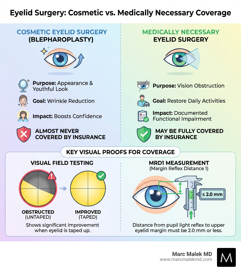 Infographic showing the comparison between cosmetic eyelid surgery (performed for appearance, wrinkle reduction, youthful look, almost never covered by insurance) and medically necessary eyelid surgery (performed for vision obstruction, drooping affecting daily activities, documented functional impairment, may be fully covered by insurance). Includes visual representations of visual field testing requirements and MRD1 measurements. - how to get insurance to pay for eyelid surgery infographic Infographic showing the comparison between cosmetic eyelid surgery (performed for appearance, wrinkle reduction, youthful look, almost never covered by insurance) and medically necessary eyelid surgery (performed for vision obstruction, drooping affecting daily activities, documented functional impairment, may be fully covered by insurance). Includes visual representations of visual field testing requirements and MRD1 measurements. - how to get insurance to pay for eyelid surgery infographic