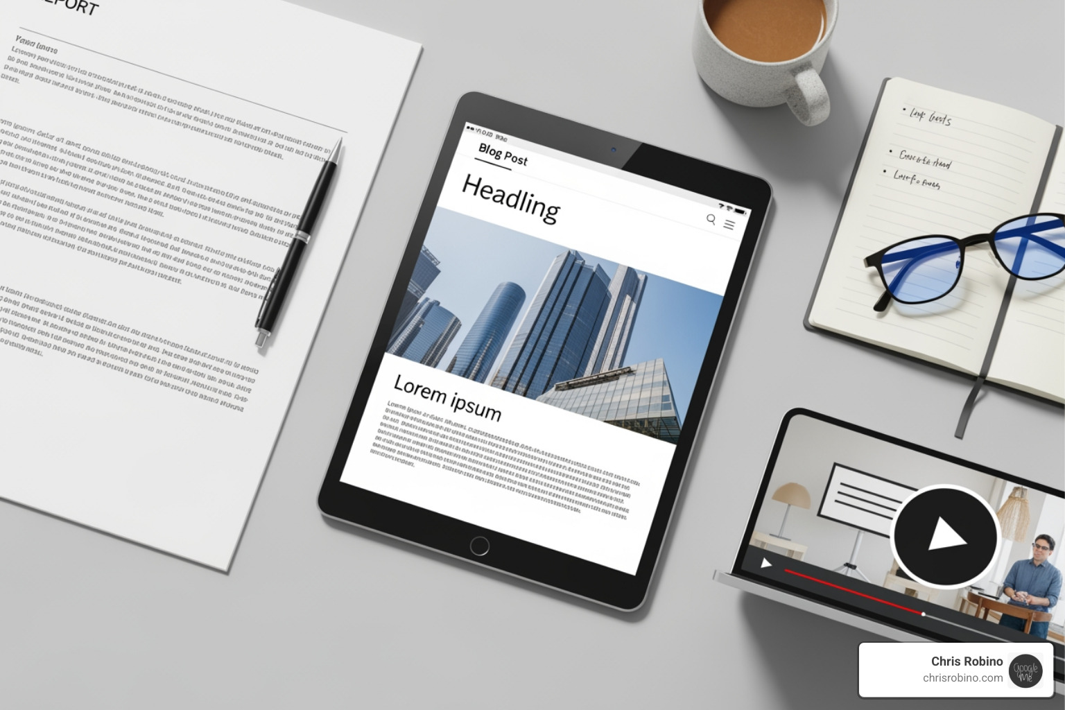 Different content formats like a whitepaper, video, and blog post - technology content marketing
