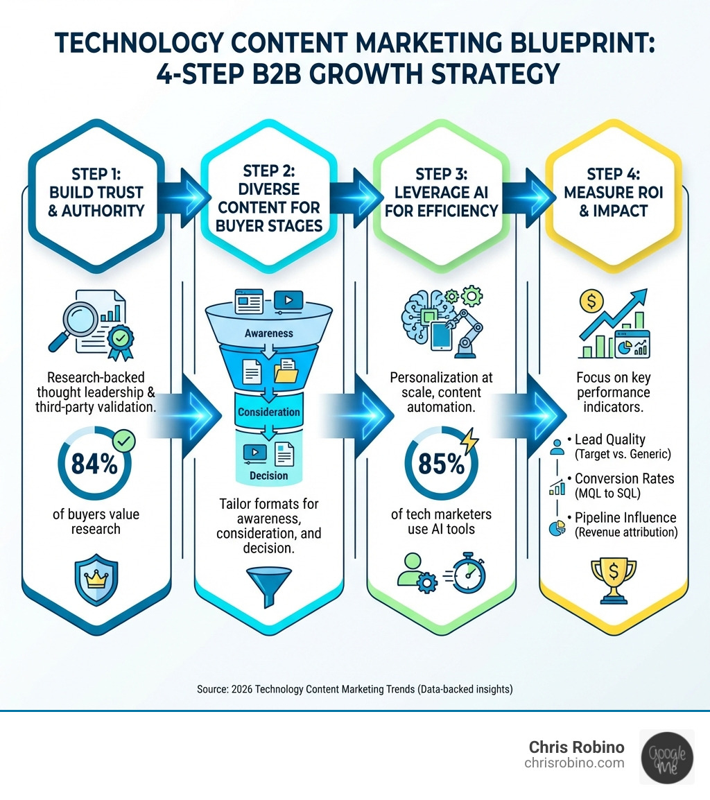 Infographic showing technology content marketing blueprint: Step 1 - Build Trust with research-backed thought leadership and third-party validation (84% of buyers value research); Step 2 - Create diverse content formats for each buyer stage (awareness, consideration, decision); Step 3 - Leverage AI for personalization and efficiency (85% of tech marketers use AI tools); Step 4 - Measure ROI through KPIs like lead quality, conversion rates, and pipeline influence - technology content marketing infographic 