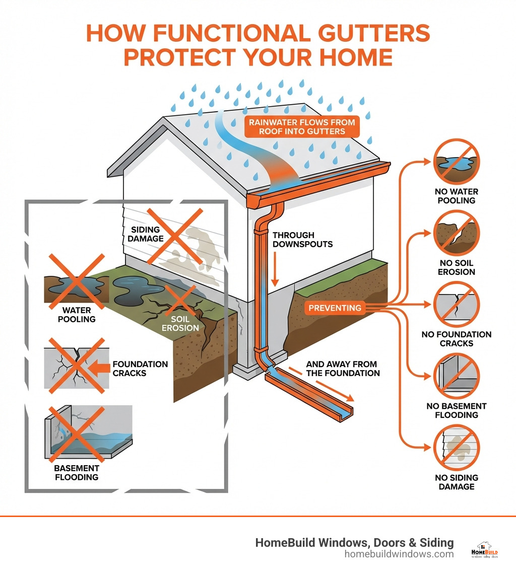 Infographic showing how functional gutters protect the home: rainwater flows from roof into gutters, through downspouts, and away from the foundation, preventing water pooling, soil erosion, foundation cracks, basement flooding, and siding damage - gutter replacement and repair infographic 