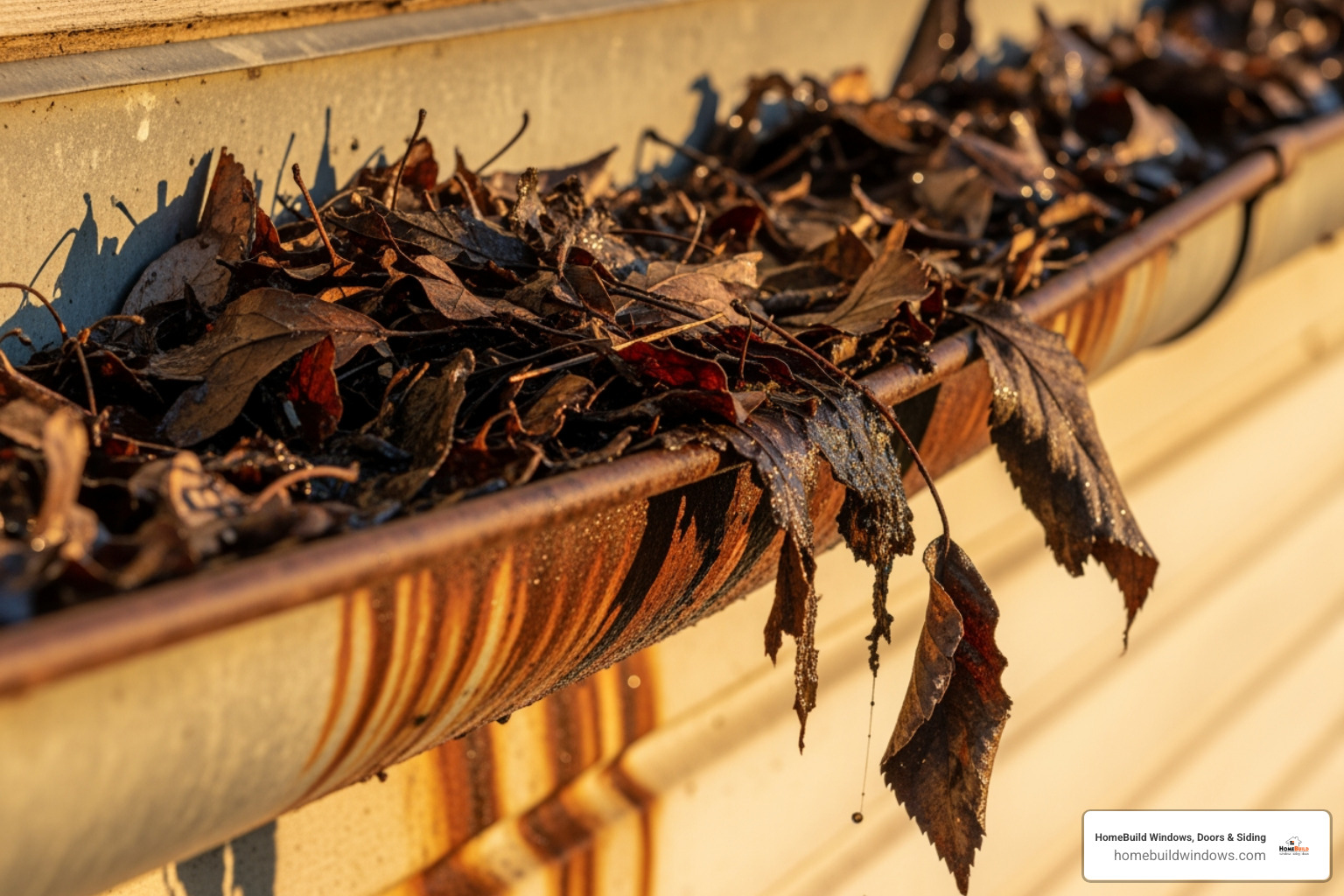 of a sagging, rusty gutter overflowing with leaves and debris. - gutter replacement and repair