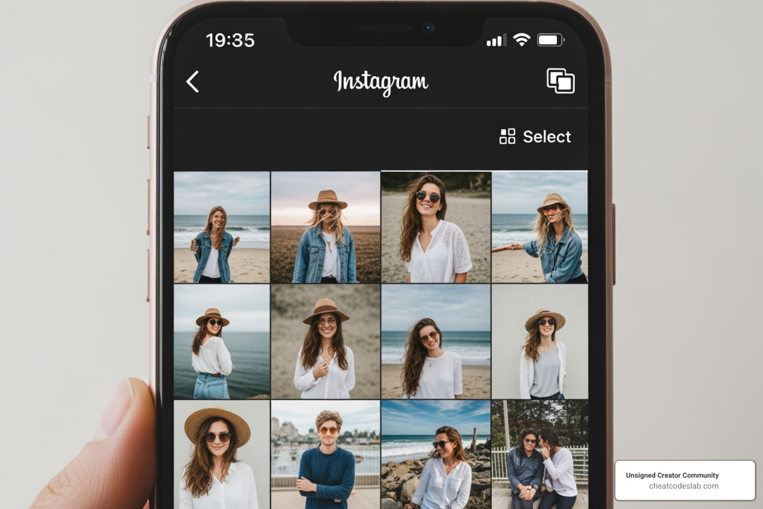 Select button in Instagram camera roll - add another photo to instagram story Select button in Instagram camera roll - add another photo to instagram story