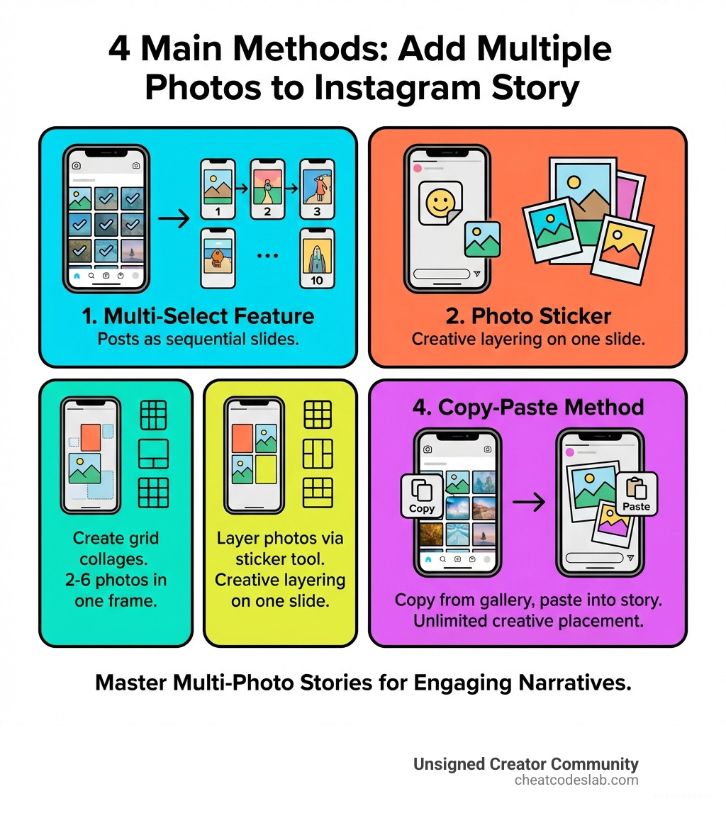 infographic showing the 4 main methods to add multiple photos to instagram story: multi-select feature with up to 10 photos in sequential slides, photo sticker for creative layering, layout tool for grid collages of 2-6 photos, and copy-paste method for unlimited creative placement - add another photo to instagram story infographic infographic showing the 4 main methods to add multiple photos to instagram story: multi-select feature with up to 10 photos in sequential slides, photo sticker for creative layering, layout tool for grid collages of 2-6 photos, and copy-paste method for unlimited creative placement - add another photo to instagram story infographic