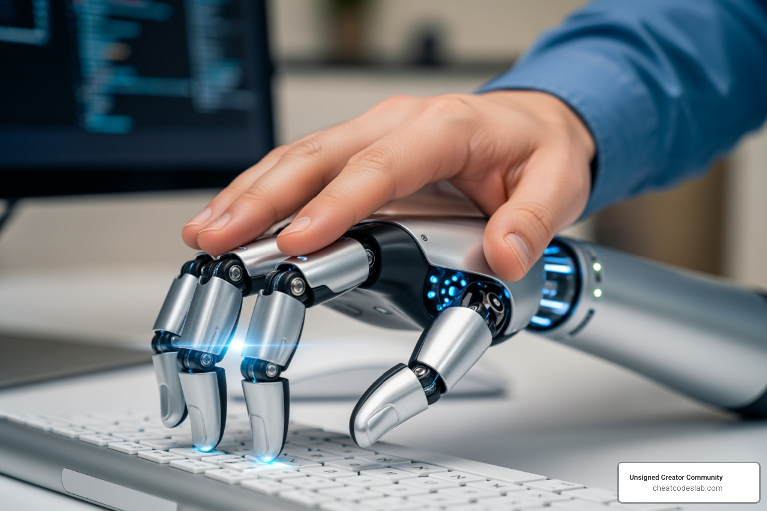 person guiding a robot hand on a keyboard, symbolizing partnership - how content marketers use ai
