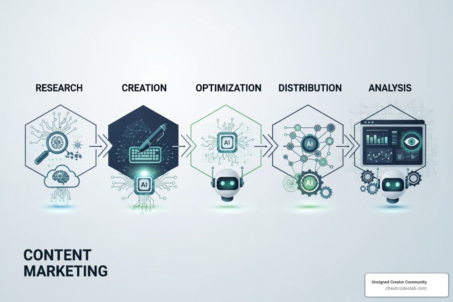 content marketing workflow diagram infused with AI icons at each stage - how content marketers use ai