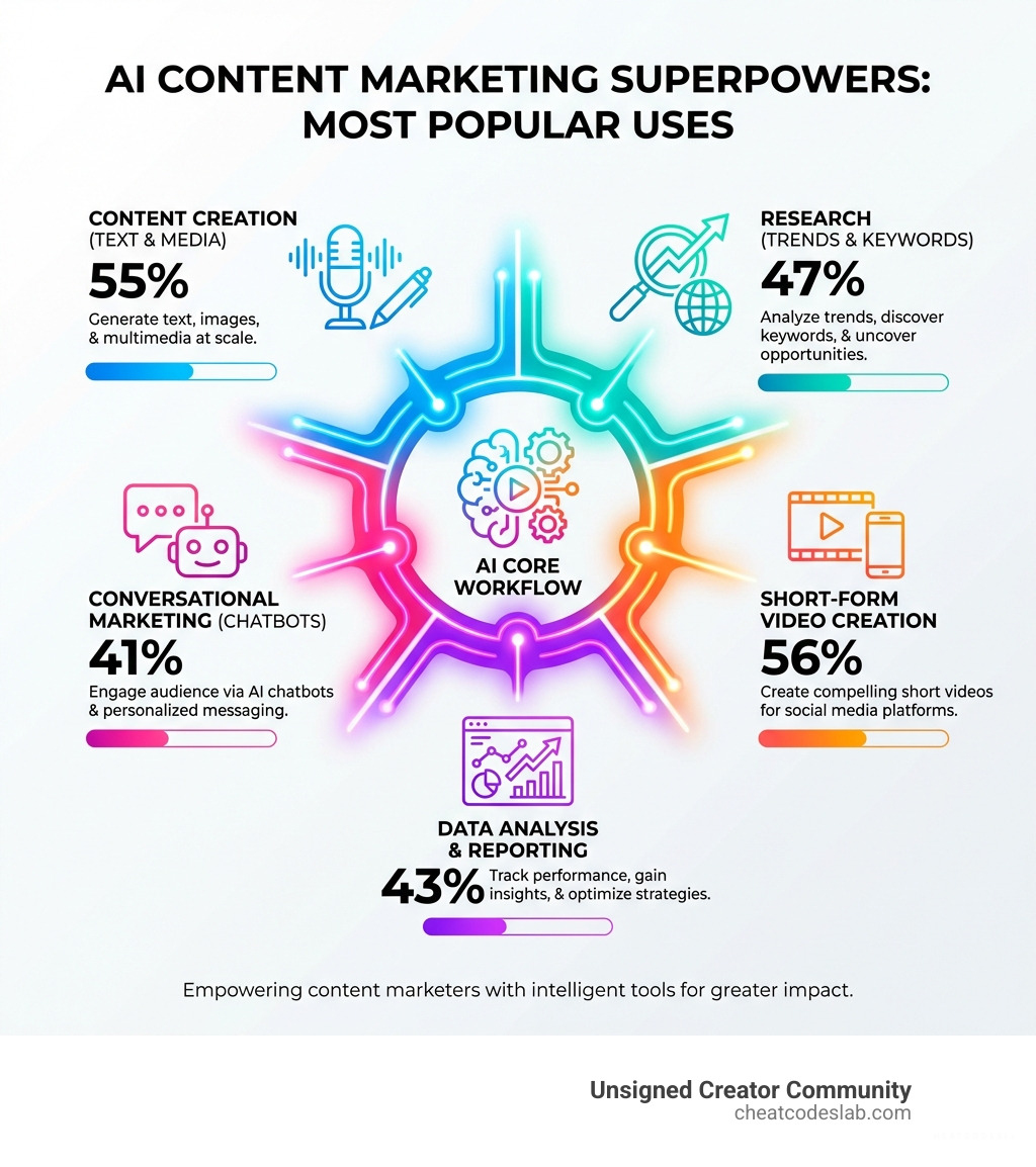 Infographic showing the five most popular ways content marketers use AI: 55% for content creation with text and media generation, 47% for research including trend analysis and keyword discovery, 41% for conversational marketing via chatbots, 56% for short-form video creation, and 43% for data analysis and reporting with performance tracking - how content marketers use ai infographic 