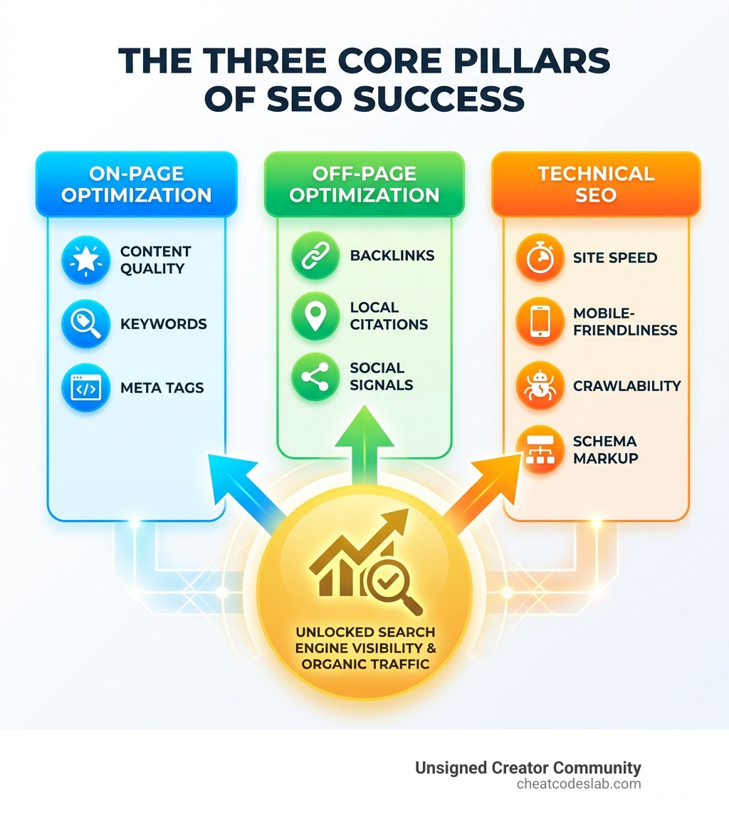 Infographic showing the three core pillars of SEO: On-page optimization (content quality, keywords, meta tags), Off-page optimization (backlinks, local citations, social signals), and Technical SEO (site speed, mobile-friendliness, crawlability, schema markup) - SEO success tips infographic 