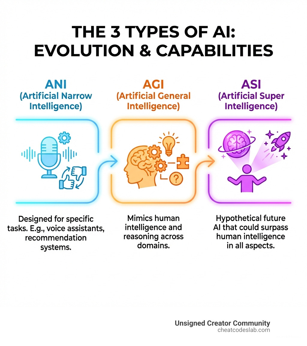 Infographic showing the three types of AI: Artificial Narrow Intelligence (ANI) designed for specific tasks like voice assistants and recommendation systems; Artificial General Intelligence (AGI) capable of mimicking human intelligence and reasoning across domains; and Artificial Super Intelligence (ASI), a hypothetical future AI that could surpass human intelligence in all aspects - How to use AI infographic Infographic showing the three types of AI: Artificial Narrow Intelligence (ANI) designed for specific tasks like voice assistants and recommendation systems; Artificial General Intelligence (AGI) capable of mimicking human intelligence and reasoning across domains; and Artificial Super Intelligence (ASI), a hypothetical future AI that could surpass human intelligence in all aspects - How to use AI infographic