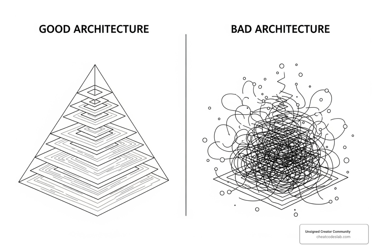 Image illustrating a good vs. bad site structure. Good: hierarchical, clear categories, shallow depth. Bad: messy, many orphaned pages, deep navigation. - SEO success tips
