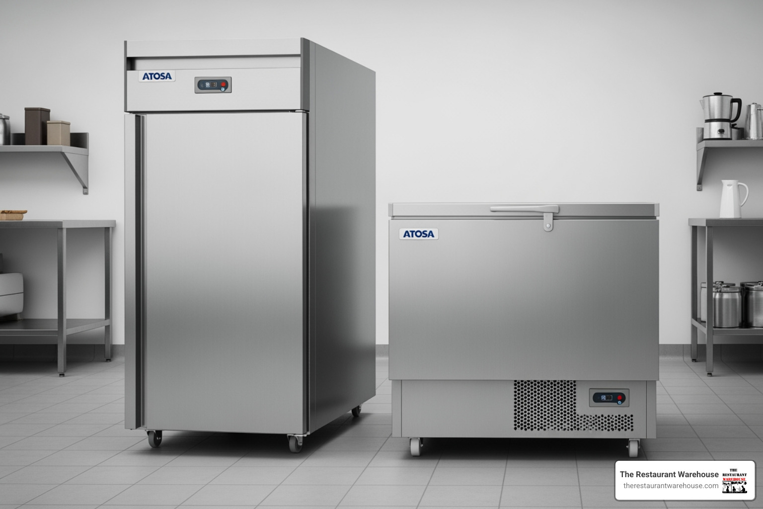 A side-by-side comparison of a top-mount and bottom-mount Atosa freezer, highlighting the compressor location - Atosa reach-in freezer