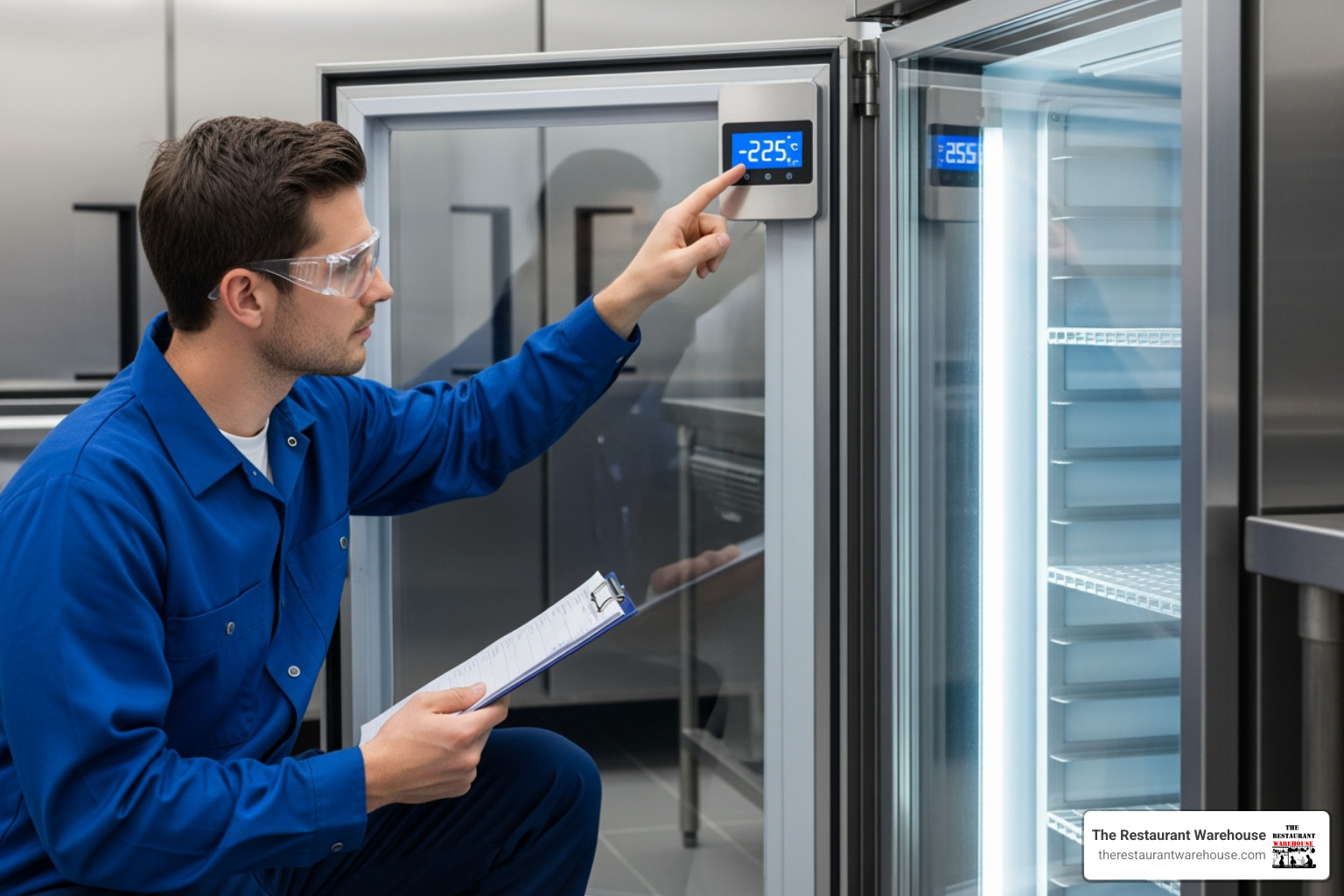 A technician checking the digital temperature display on an Atosa freezer, showing a precise temperature reading - Atosa reach-in freezer