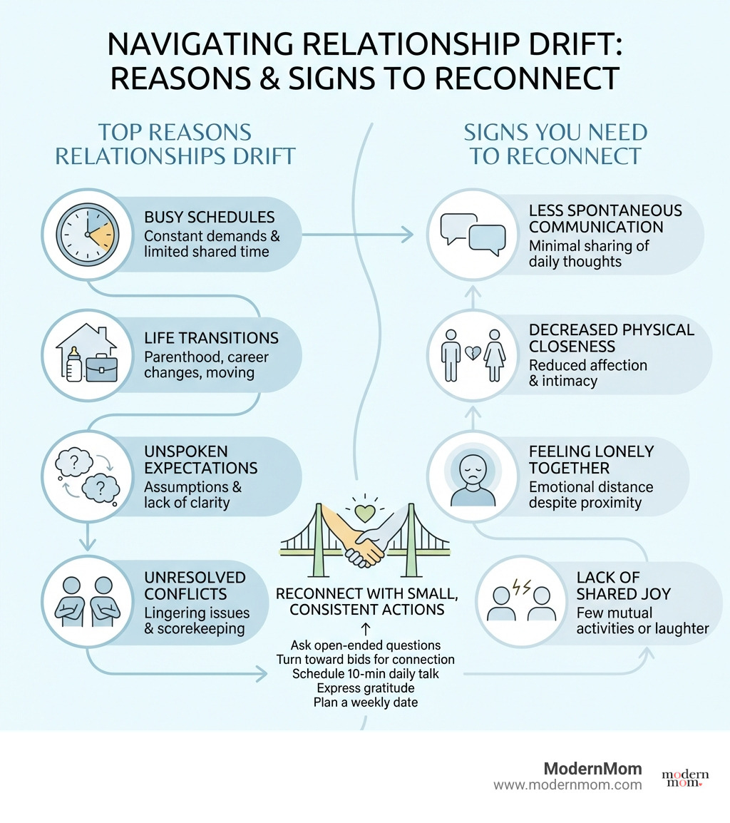 infographic showing the top reasons relationships drift and signs you need to reconnect - reconnecting relationships infographic 