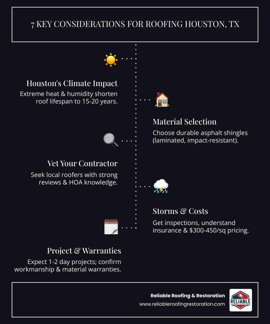 Infographic showing the 7 key considerations when hiring a Houston roofing contractor: 1) Understanding Houston's climate challenges and 15-20 year roof lifespan, 2) Selecting appropriate asphalt shingle materials like GAF Timberline HDZ or CertainTeed Landmark, 3) Vetting local contractors through Google Reviews and local reputation, 4) Knowing how to handle storm damage and insurance claims, 5) Understanding pricing factors including roof pitch and material type with costs of $300-$450 per square, 6) Preparing your property for a 1-2 day installation, and 7) Reviewing workmanship and material warranties - Roofing Houston TX infographic infographic-line-5-steps-dark