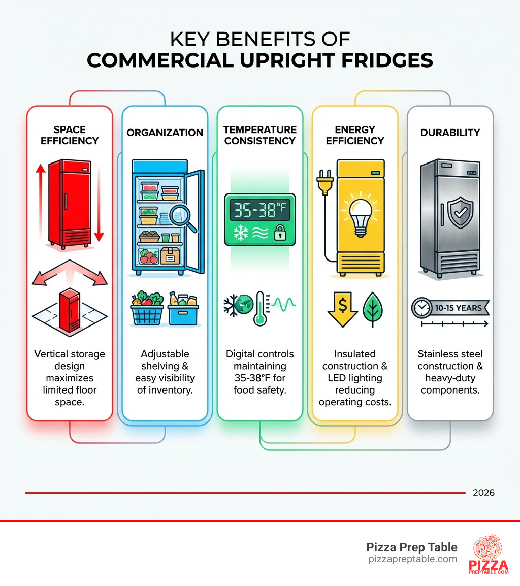 Infographic showing the key benefits of commercial upright fridges: Space Efficiency with vertical storage design maximizing floor space, Organization with adjustable shelving and easy visibility of inventory, Temperature Consistency with digital controls maintaining 35-38°F for food safety, Energy Efficiency with insulated construction and LED lighting reducing operating costs, and Durability with stainless steel construction and heavy-duty components lasting 10-15 years - commercial upright fridge infographic Infographic showing the key benefits of commercial upright fridges: Space Efficiency with vertical storage design maximizing floor space, Organization with adjustable shelving and easy visibility of inventory, Temperature Consistency with digital controls maintaining 35-38°F for food safety, Energy Efficiency with insulated construction and LED lighting reducing operating costs, and Durability with stainless steel construction and heavy-duty components lasting 10-15 years - commercial upright fridge infographic