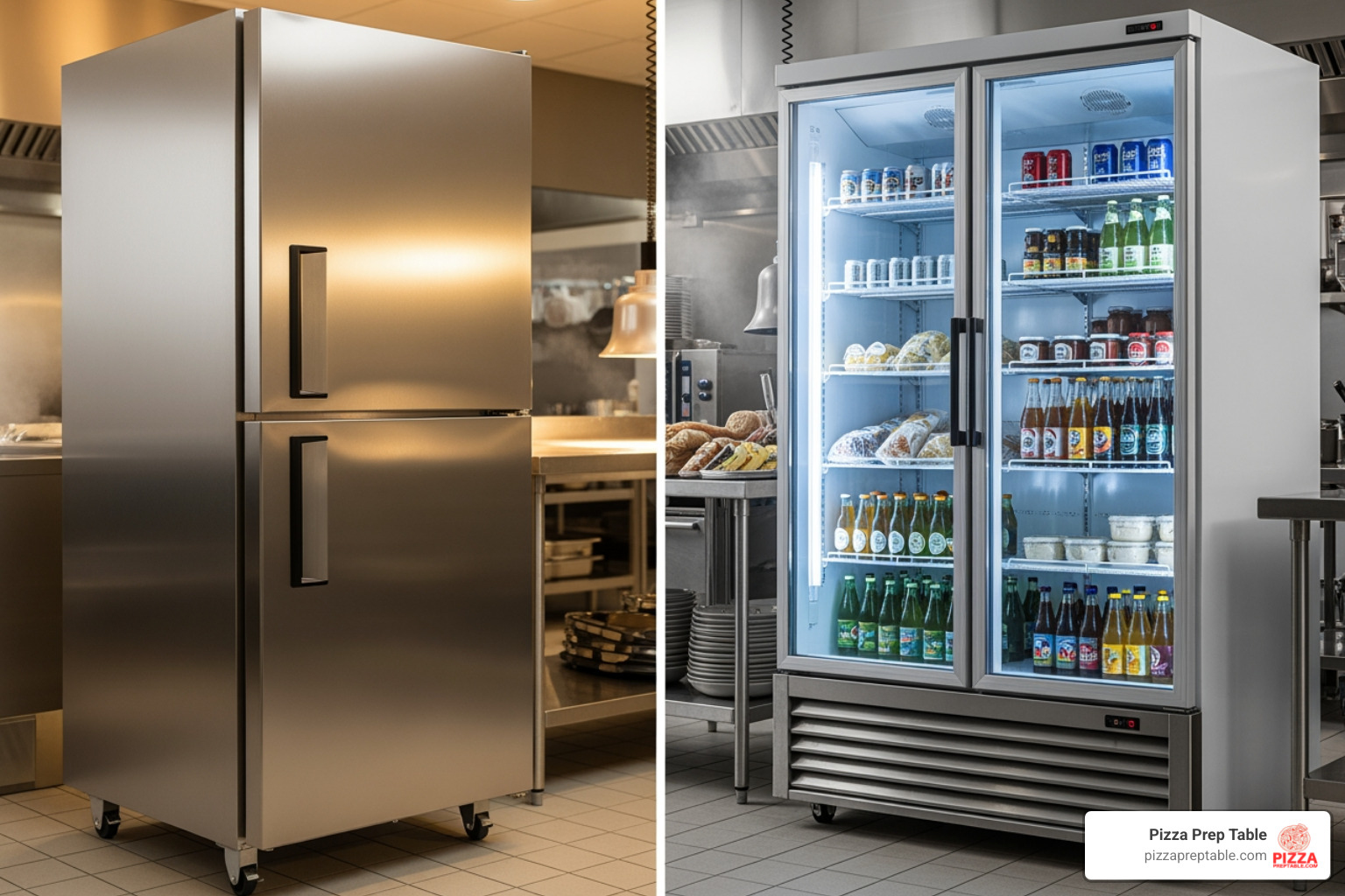 Side-by-side comparison of a solid door reach-in refrigerator and a glass door merchandiser - commercial upright fridge Side-by-side comparison of a solid door reach-in refrigerator and a glass door merchandiser - commercial upright fridge
