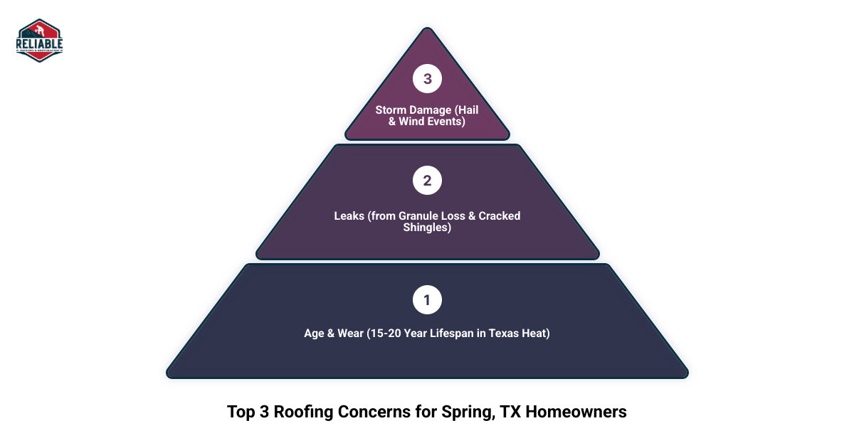 Infographic showing the top 3 roofing concerns for Spring, TX homeowners: Storm Damage from hail and wind events, Age & Wear from 15-20 year typical lifespan in Texas heat, and Leaks from granule loss and cracked shingles - Roofing Spring TX infographic 3_stage_pyramid Infographic showing the top 3 roofing concerns for Spring, TX homeowners: Storm Damage from hail and wind events, Age & Wear from 15-20 year typical lifespan in Texas heat, and Leaks from granule loss and cracked shingles - Roofing Spring TX infographic 3_stage_pyramid