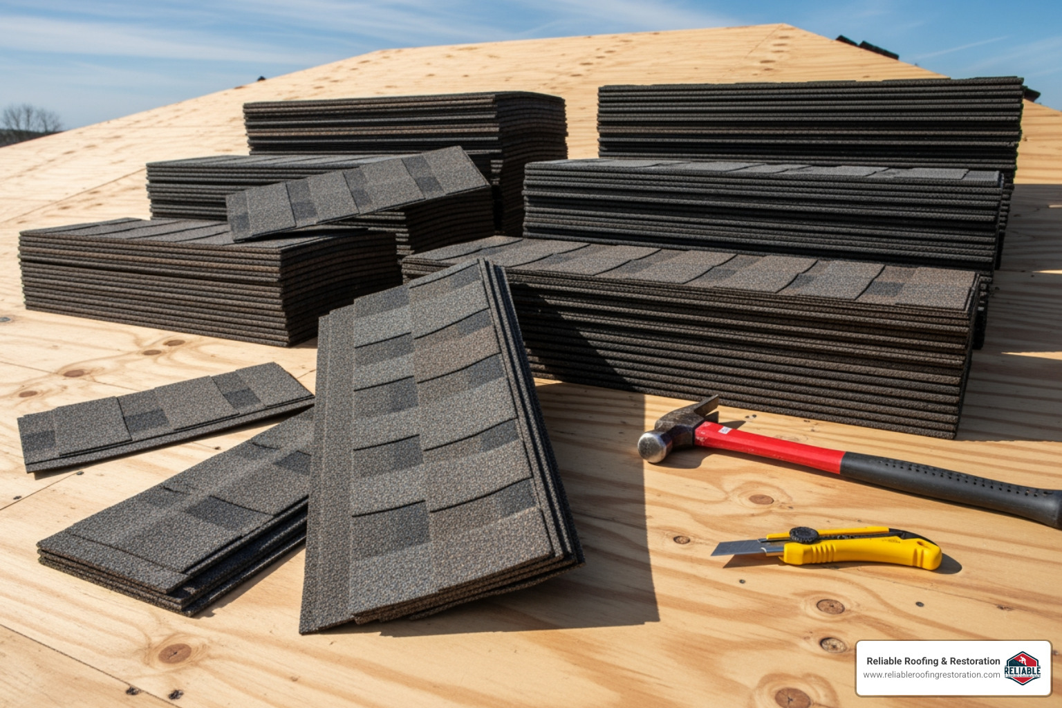 Roofing materials like Laminated shingles laid out on a roof deck - Roofing Spring TX Roofing materials like Laminated shingles laid out on a roof deck - Roofing Spring TX
