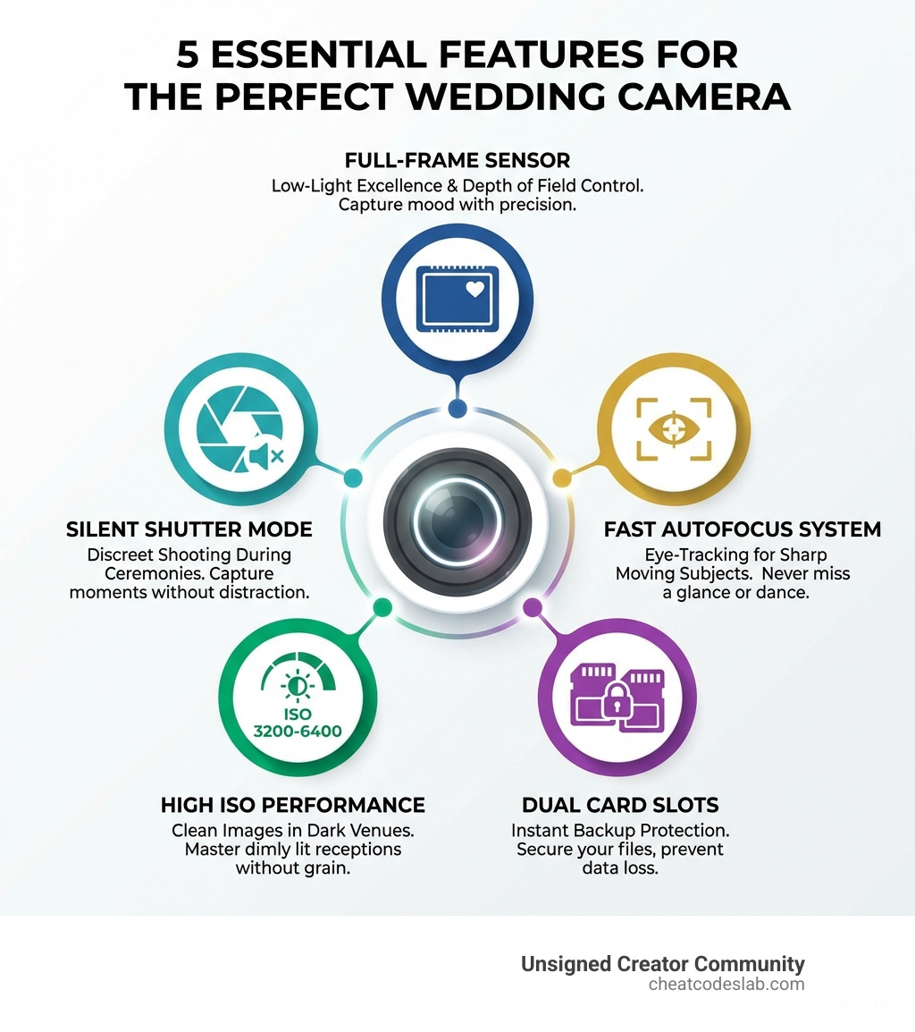 Infographic showing the 5 essential features of wedding cameras: Full-Frame Sensor for low-light excellence and depth of field control, Fast Autofocus System with eye-tracking for sharp moving subjects, Dual Card Slots providing instant backup protection, High ISO Performance enabling clean images in dark venues up to ISO 3200-6400, and Silent Shutter Mode for discreet shooting during ceremonies - Best camera for weddings infographic 