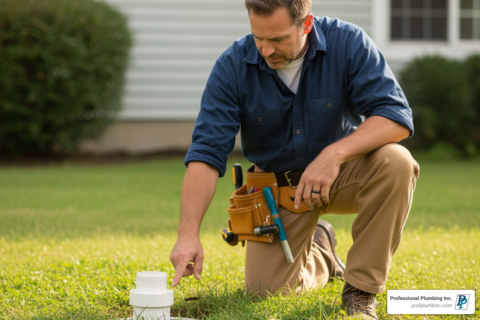 Plumber locating a sewer cleanout line in a residential yard - Backed up drain Plumber locating a sewer cleanout line in a residential yard - Backed up drain