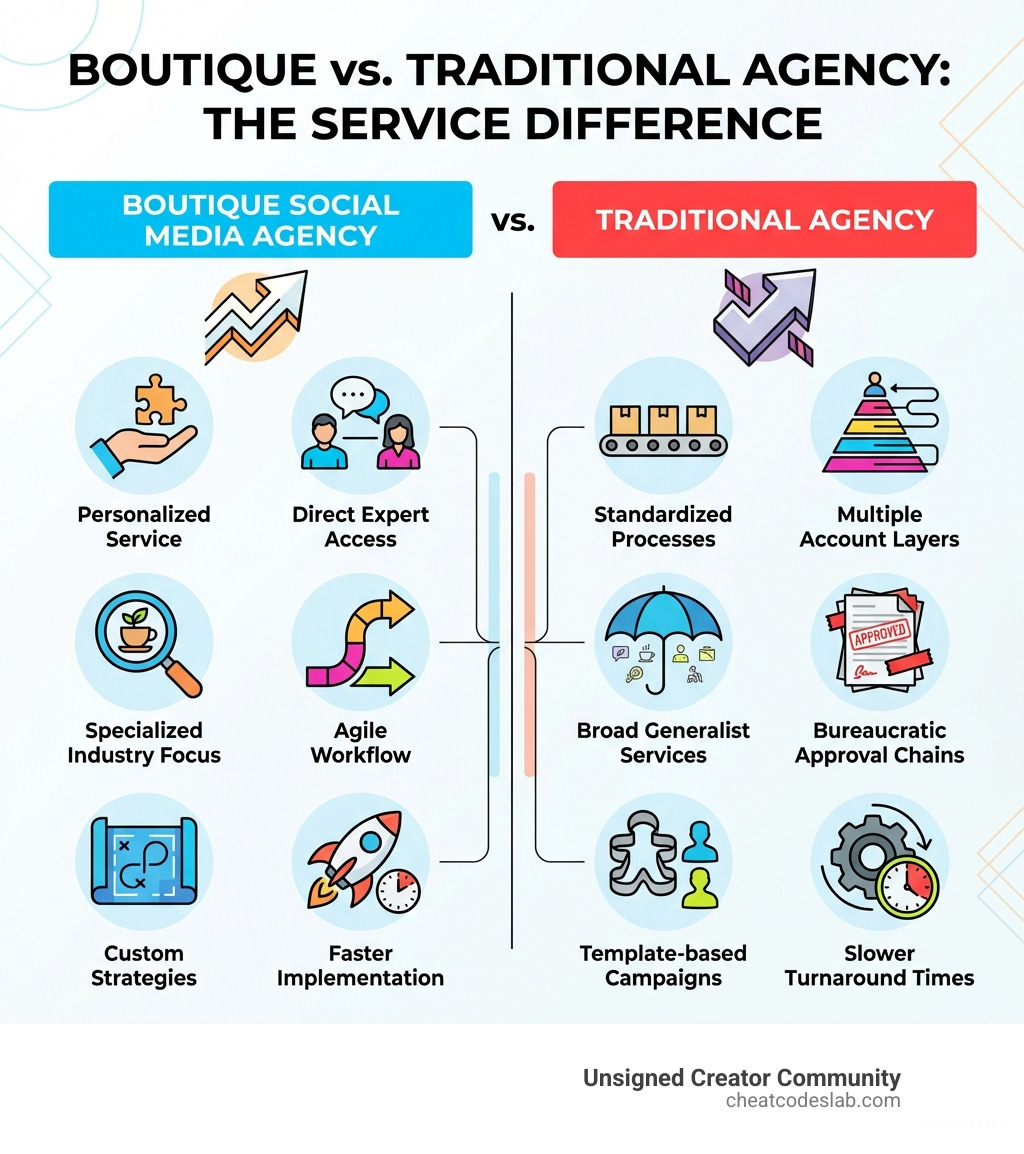 Infographic comparing boutique social media marketing agencies to traditional agencies, showing personalized service, direct expert access, specialized industry focus, agile workflow, custom strategies, and faster implementation versus standardized processes, multiple account layers, broad generalist services, bureaucratic approval chains, template-based campaigns, and slower turnaround times - boutique social media marketing agency infographic Infographic comparing boutique social media marketing agencies to traditional agencies, showing personalized service, direct expert access, specialized industry focus, agile workflow, custom strategies, and faster implementation versus standardized processes, multiple account layers, broad generalist services, bureaucratic approval chains, template-based campaigns, and slower turnaround times - boutique social media marketing agency infographic