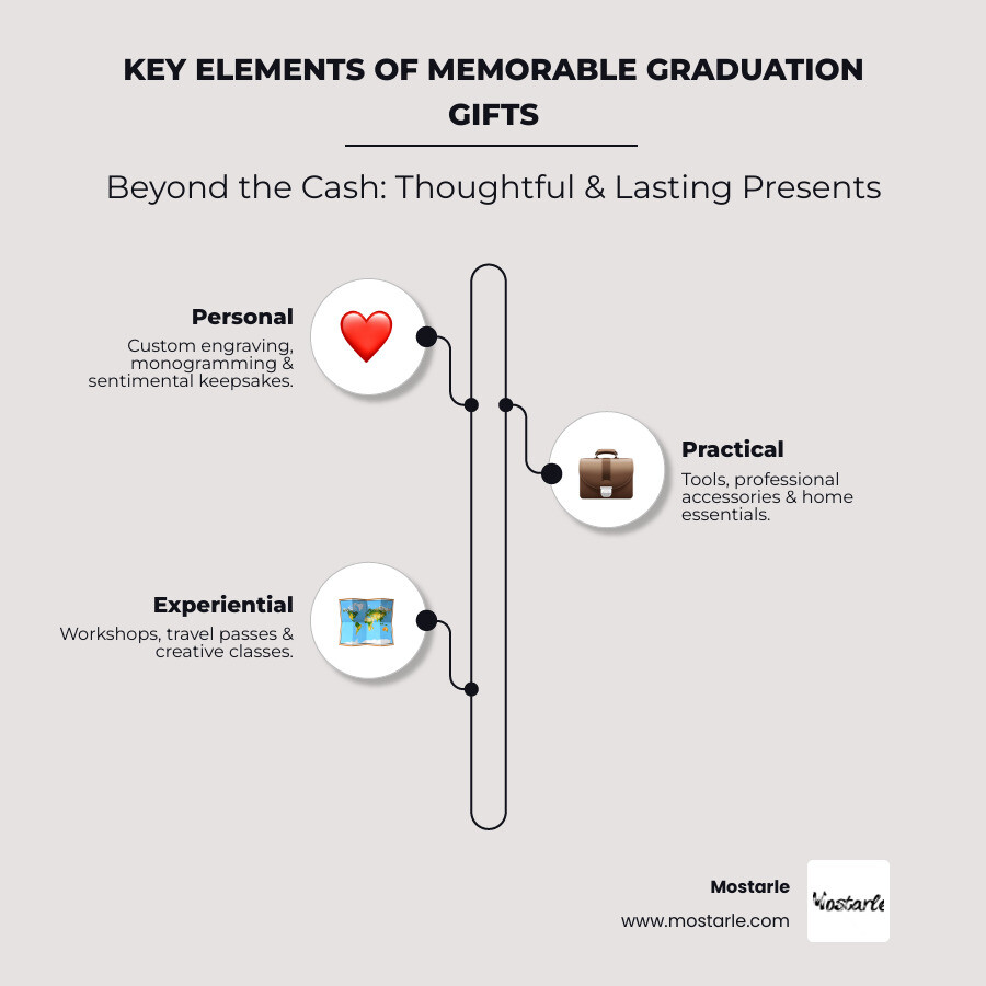infographic showing three pillars of memorable graduation gifts: Personal touches like custom engraving and monogramming, Practical items for their next life phase like professional tools and home essentials, and Experiential gifts like workshops and travel vouchers, with statistics showing 60% of gifts come from parents and average spending of $100-$150 - Unique graduation gifts infographic infographic-line-3-steps-elegant_beige infographic showing three pillars of memorable graduation gifts: Personal touches like custom engraving and monogramming, Practical items for their next life phase like professional tools and home essentials, and Experiential gifts like workshops and travel vouchers, with statistics showing 60% of gifts come from parents and average spending of $100-$150 - Unique graduation gifts infographic infographic-line-3-steps-elegant_beige