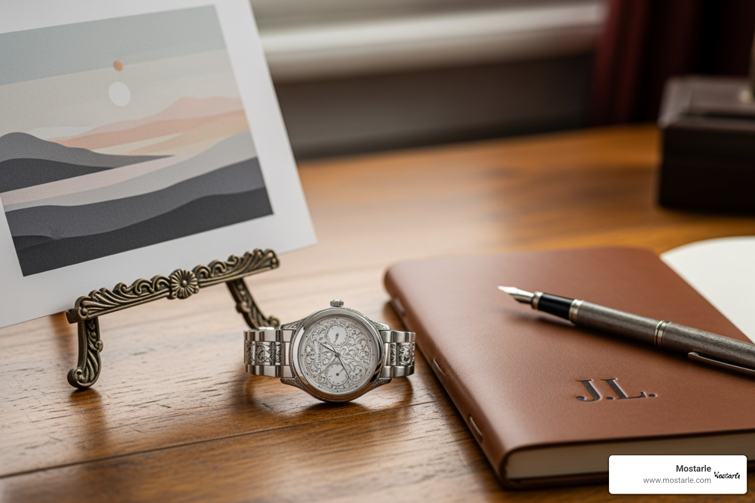 collection of personalized items like an engraved watch, custom art print, and a monogrammed journal - Unique graduation gifts collection of personalized items like an engraved watch, custom art print, and a monogrammed journal - Unique graduation gifts